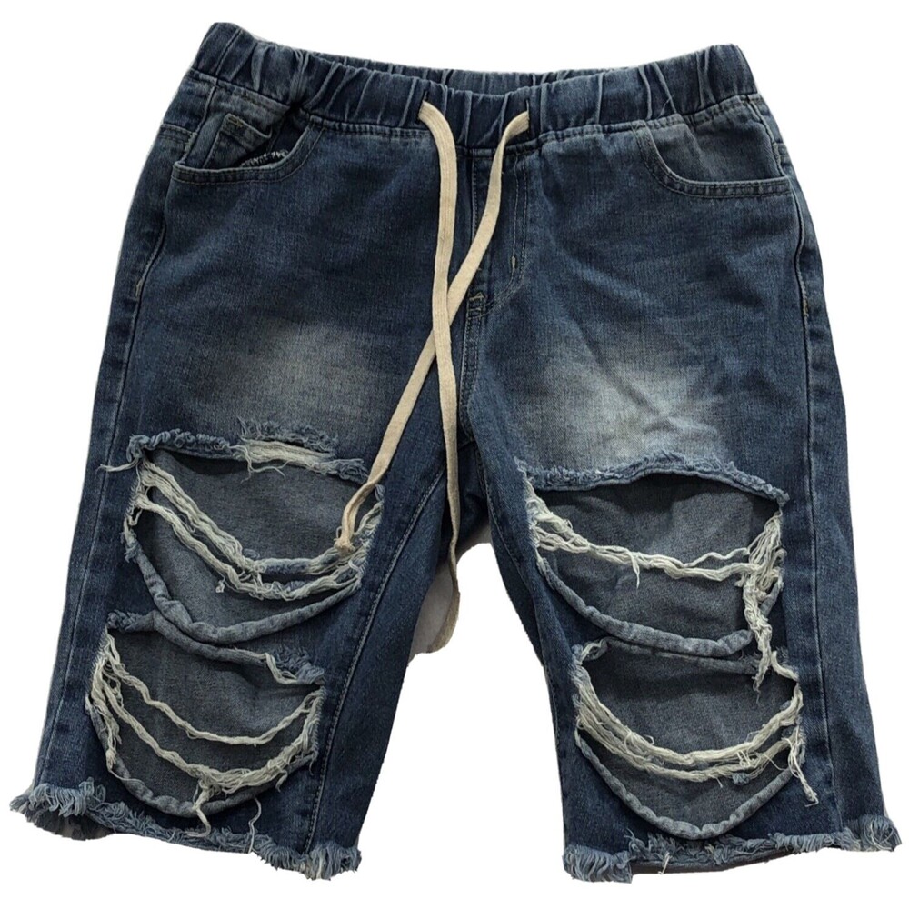 American Bazi Womens Jean Shorts M Blue Dark Wash Raw Hem Factory Destroyed
